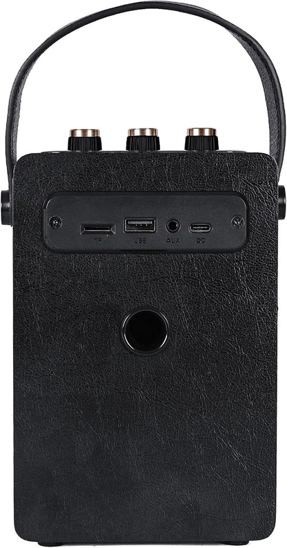 Fuse Andle Vintage Retro Bluetooth Speaker with Vegan Leather Handle | Portable Speaker with Smartphone Connection | USB & AUX Input | Stylish Black Wood Exterior