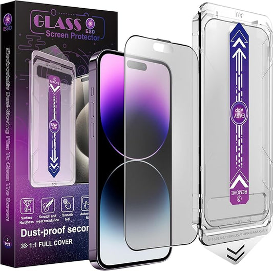 2 Pack Matte Screen Protector for iPhone 14 Pro Max/iPhone 15 Plus/iPhone 16 Plus, 9H Tempered Glass, Full Coverage, Anti-Fingerprint, Auto Dust-Elimination, No Bubble, Easy Installation