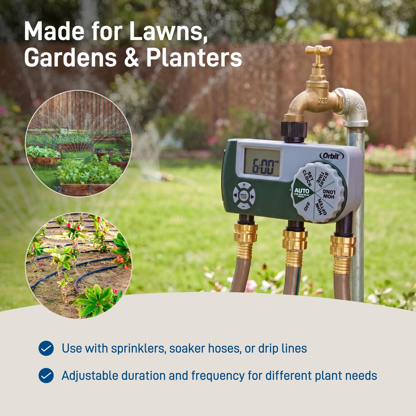 Orbit Programmable Digital Hose Watering Timer - 3 Outlet - Battery Powered - with LCD Screen - Built-in Rain Delay - Water-Resistant - 56082