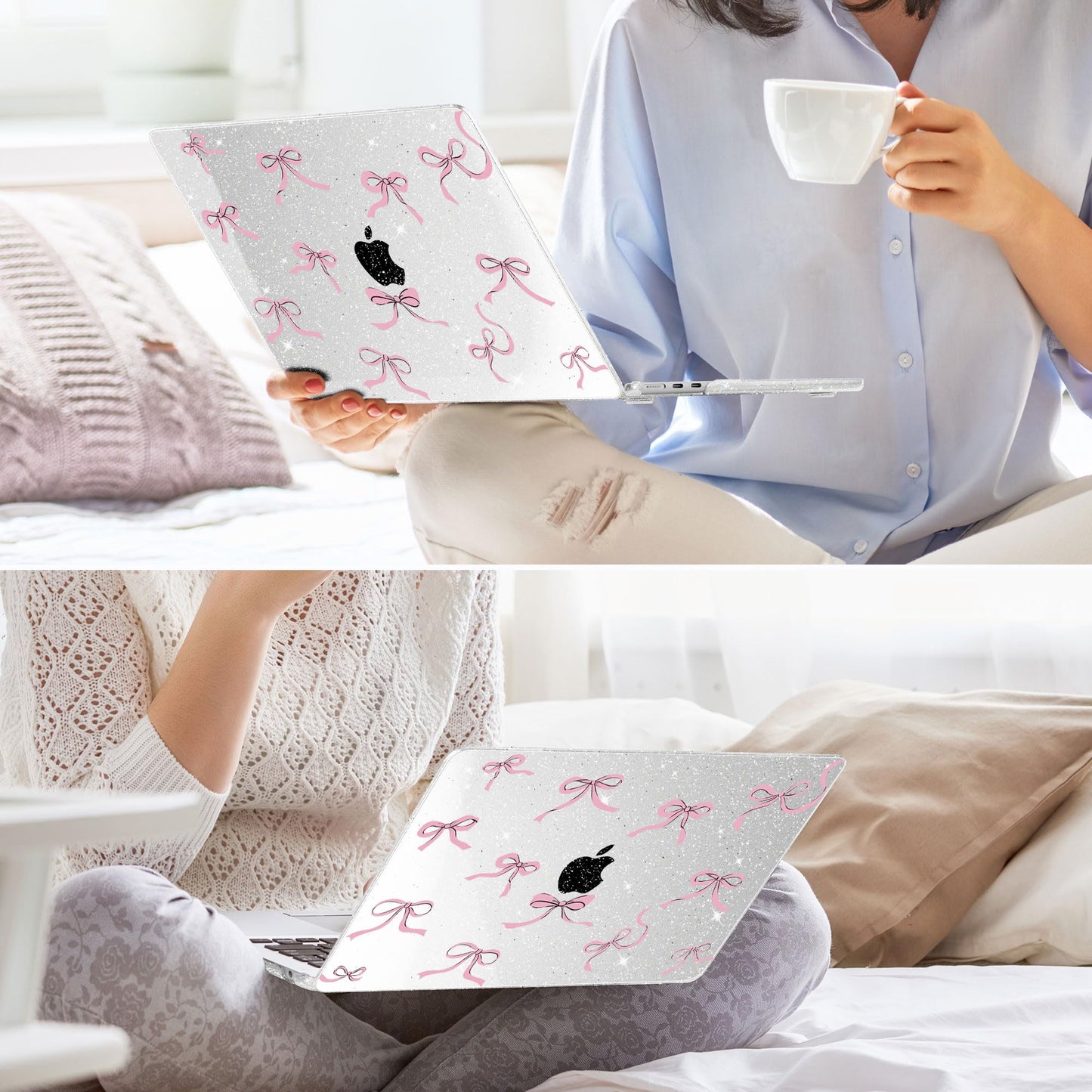May Chen Case for MacBook Air 13/13.6 inch M5 A3449 M4 A3240 M3 A3113 M2 A2681, 2026 2025 2024-2022, Plastic Hard Shell with Keyboard Cover & Screec Protector, Clear Glitter Bow