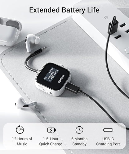Syntech Airplane Bluetooth Transmitter Receiver for 2 AirPods or Wireless Headphones, HD Display Low Latency 3.5mm AUX Jack Bluetooth 5.4 Audio Adapter for Flying, TV, Car, Gym, Home Stereo White