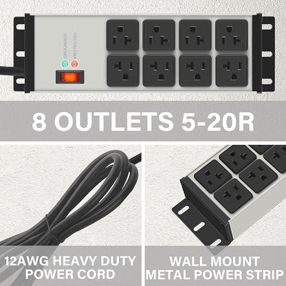 CCCEI Heavy Duty Power Strip Surge Protector 20 AMP, 8 Outlets 12 Gauge Industrial Shop Garage Metal Multiple Outlets, 10 FT Extension Cord 5-15P Adapter High Amp 6-20R T-Slot 20a for Appliance