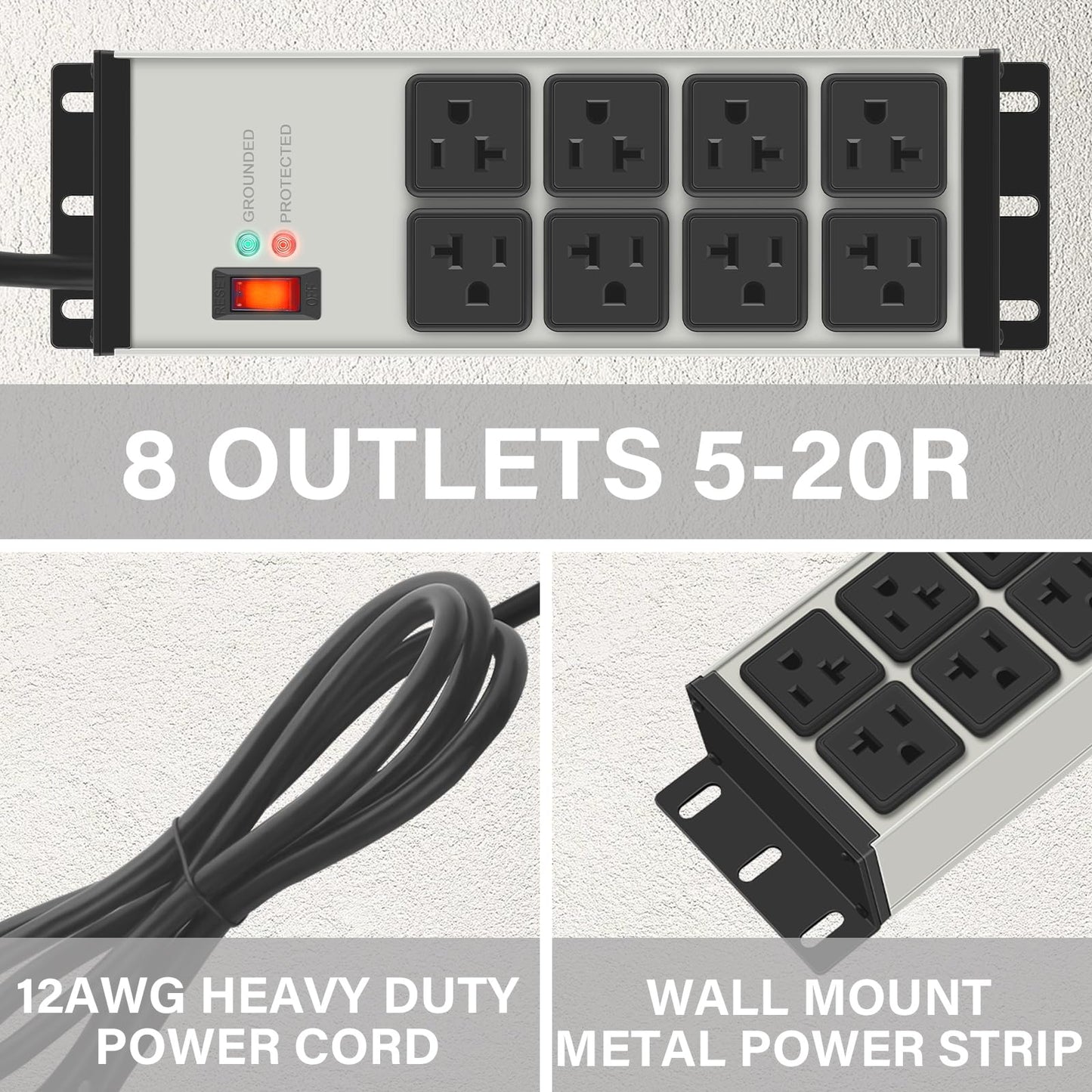 CCCEI 12 Gauge Heavy Duty Power Strip, 8 Ports, Grey, 12FT.