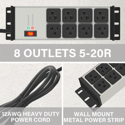 CCCEI 12 Gauge Heavy Duty Power Strip, 8 Ports, Grey, 20FT.