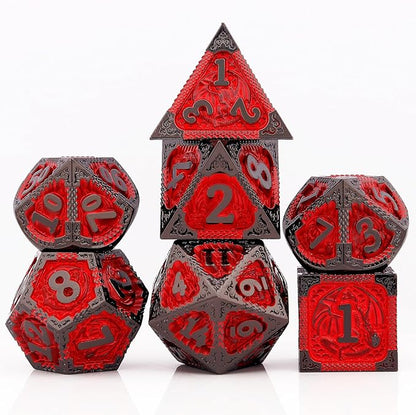 PJOY Metal DND Dice Set D&D Dragon Dice Black Red with Metal Case D and D Dice for Dungeons and Dragons TTRPG Gifts