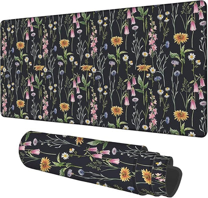 Large Mouse Pad Field Flowers Gaming Desk Pad Computer Keyboard Non-Slip Waterproof Mouse Mat with Rubber Base and Stitched Edges Entertainment Office Writing Desk Mat 35.4 x 15.7 Inches