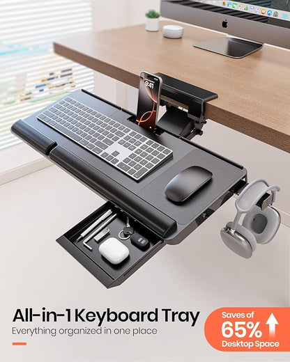 Klearlook Upgraded Ergonomic Keyboard Tray Under Desk, Adjustable Sliding Keyboard Platform Holder, Keyboard Stand with Wrist Rest & Storage Drawer for Home, Office and Gaming, 24.4"x10"