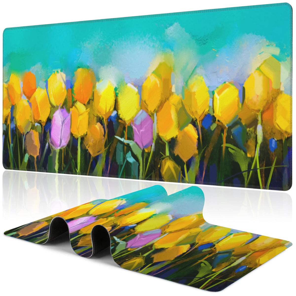 Purple Groovy Flowers Desk Mat,Large Vintage Floral Gaming Keyboard Mouse Pad,Non-Slip Rubber Base Desk Pad Thick Stitched Edges Waterproof Mousepad Mouse Mat 31.5"x11.8"