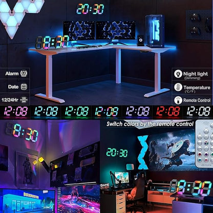 KOSUMOSU LED Digital Clock Neon Clock 9.7" Black Gaming Clock RGB LED Wall Clock for Living Room Desk Clock Large Display Clock for Bedroom, Black Clock with Dimming