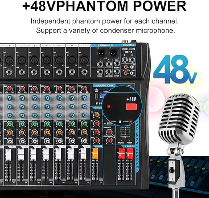 12 Channel Audio Interfacer Sound Board Mixer DJ Mixer 16-Bit DSP Effect USB Audio Mixer +48V Phantom Power Bluetooth Mixer for Karaoke Studio Streaming Recording,Live Streaming