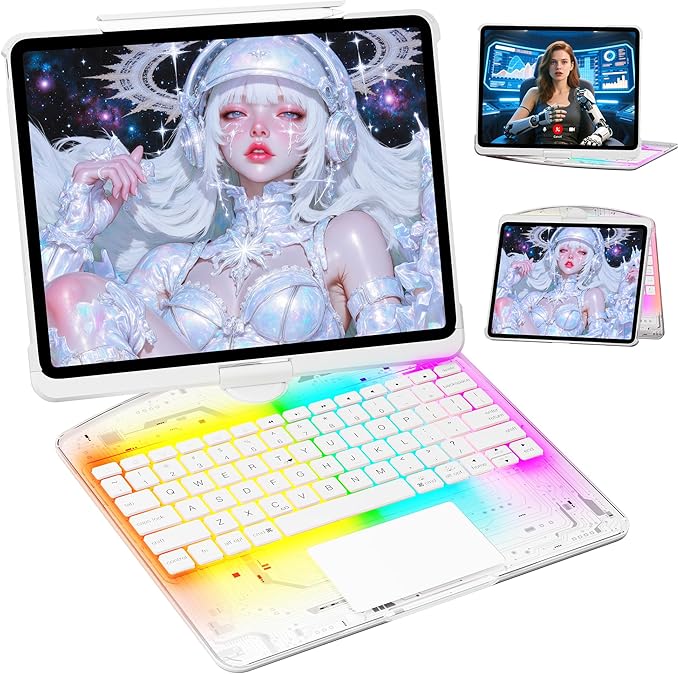 KITONE Transparent Case with Wireless Keyboard for iPad Air 13-in.(M3/M2, 2025/2024), 7 Colors Backlight, Trackpad, 360°Rotating Stand for iPad Pro 12.9-in (6/5/4/3 Gen), Tech Style