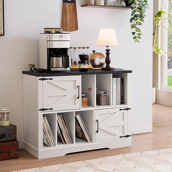 Large Record Player Stand with Vinyl Storage Up to 450 Albums, 39 Inch Farmhouse Rustic Wood White Storage Cabinet with Barn Doors, Vintage Mid-Century Turntable Stand for Bedroom, Living Room