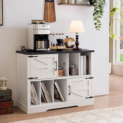 Large Record Player Stand with Vinyl Storage Up to 450 Albums, 39 Inch Farmhouse Rustic Wood White Storage Cabinet with Barn Doors, Vintage Mid-Century Turntable Stand for Bedroom, Living Room