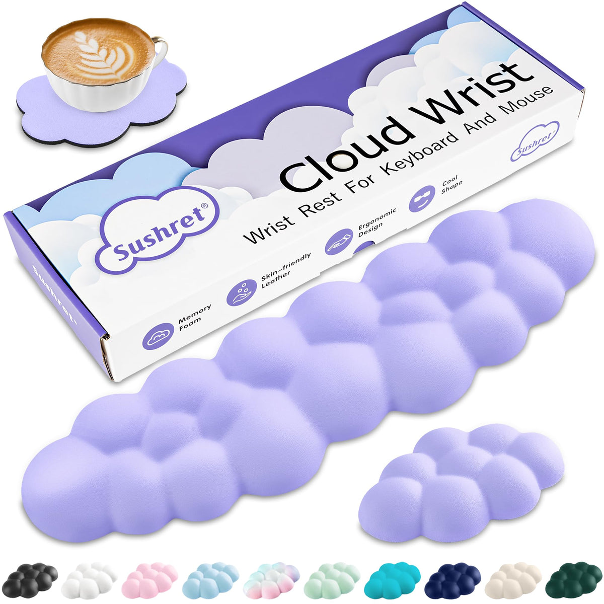 Sushret Cloud Wrist Rest Keyboard, Cloud Keyboard Wrist Pad Set with PU Leather Memory Foam, Cute Arm Rest for Palm Support, PC/Gaming Desk Accessories/Office Setup/Computer Hand Cushion - Purple