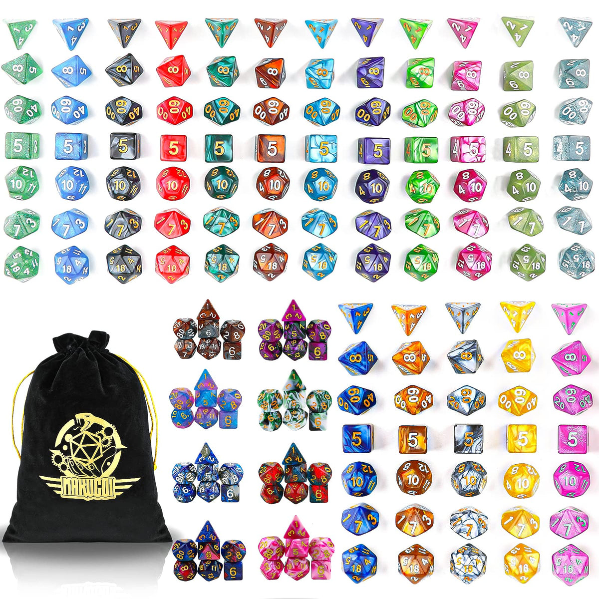 DND Dice Set, 25 X 7 Polyhedral Dice (175 Pieces) with Storage Pouch