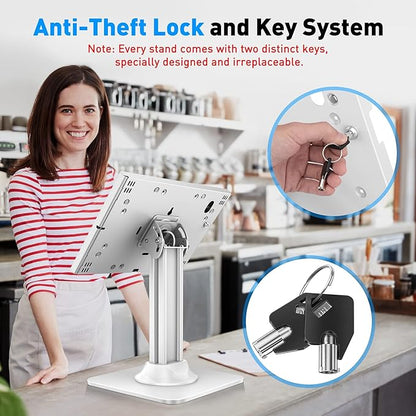 AboveTEK Anti-Theft iPad Kiosk Stand – POS iPad Security Stand & Locking Tablet Stand – Heavy Duty Base, 360° Swivel, 75° Tilt Bracket – Retail Business for iPad/iPad Air/iPad Pro (White)