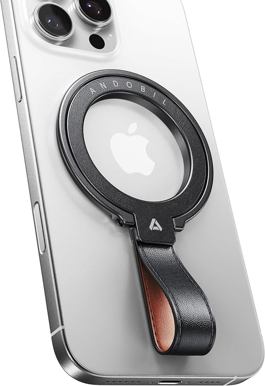 andobil [2026 Premium Leather] Magnetic Phone Grip for MagSafe [Longest Durable] Adjustable Phone Ring Kickstand with Leather Loop Compatible with MagSafe Accessories&iPhone 17/Air/16/15 Pro Max Black