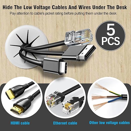 2-3/8" White Desk Grommet, JTemgle Flexible Cable Grommet Rubber Cable Hole Cover Wire Organizer Caps Desktop Cord Management for Home Office TV Stands Tabletops, 5 Pieces