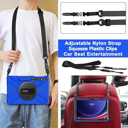 BRAECN for Galaxy Tab S10+Plus/ S9+/S9 FE+/S8+12.4 Inch Case,Heavy Duty Tablet Case with 360 Rotating Stand &Hand Strap, Built-in S Pen Holder, Shoulder Strap for Samsung Galaxy Tab S9 Plus -Blue