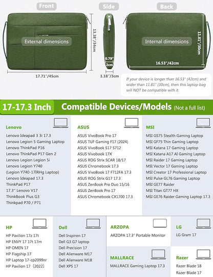 HYZUO 17-17.3 Inch Laptop Sleeve Bag Briefcase for 17" 17.3" HP/Dell/ASUS/Acer/LG/MSI Gaming Laptop/Razer Blade 17/18, Men Women NoteBook Protective Case Bag, Grass Green