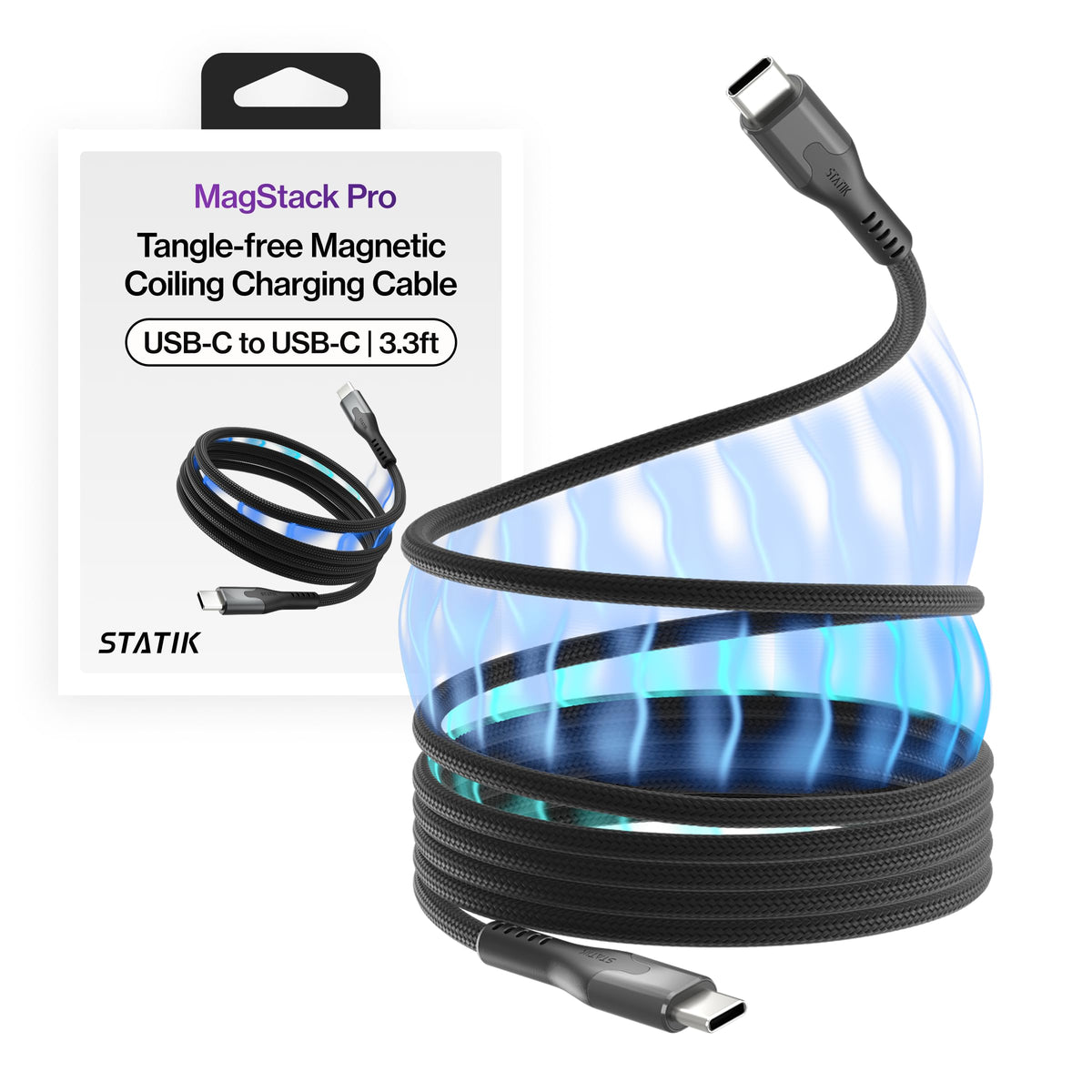 Statik MagStack Pro USB C to USB C Coiling Magnetic Charging Cable,100W
