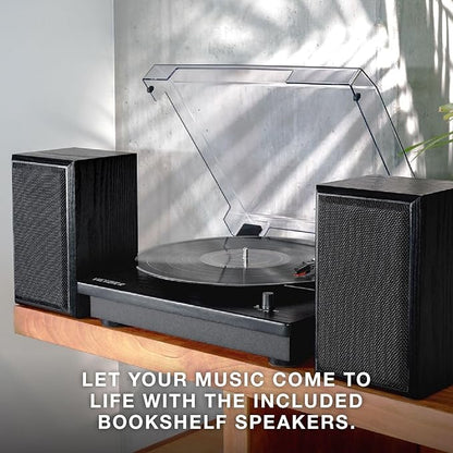 Victrola Montauk Vinyl Record Player, 3-Speed Belt Driven Turntable with Stereo Bluetooth Speaker Pair, RCA Output & 3.5mm Headphone Jack, Removable Dust Cover, Black Wood Finish