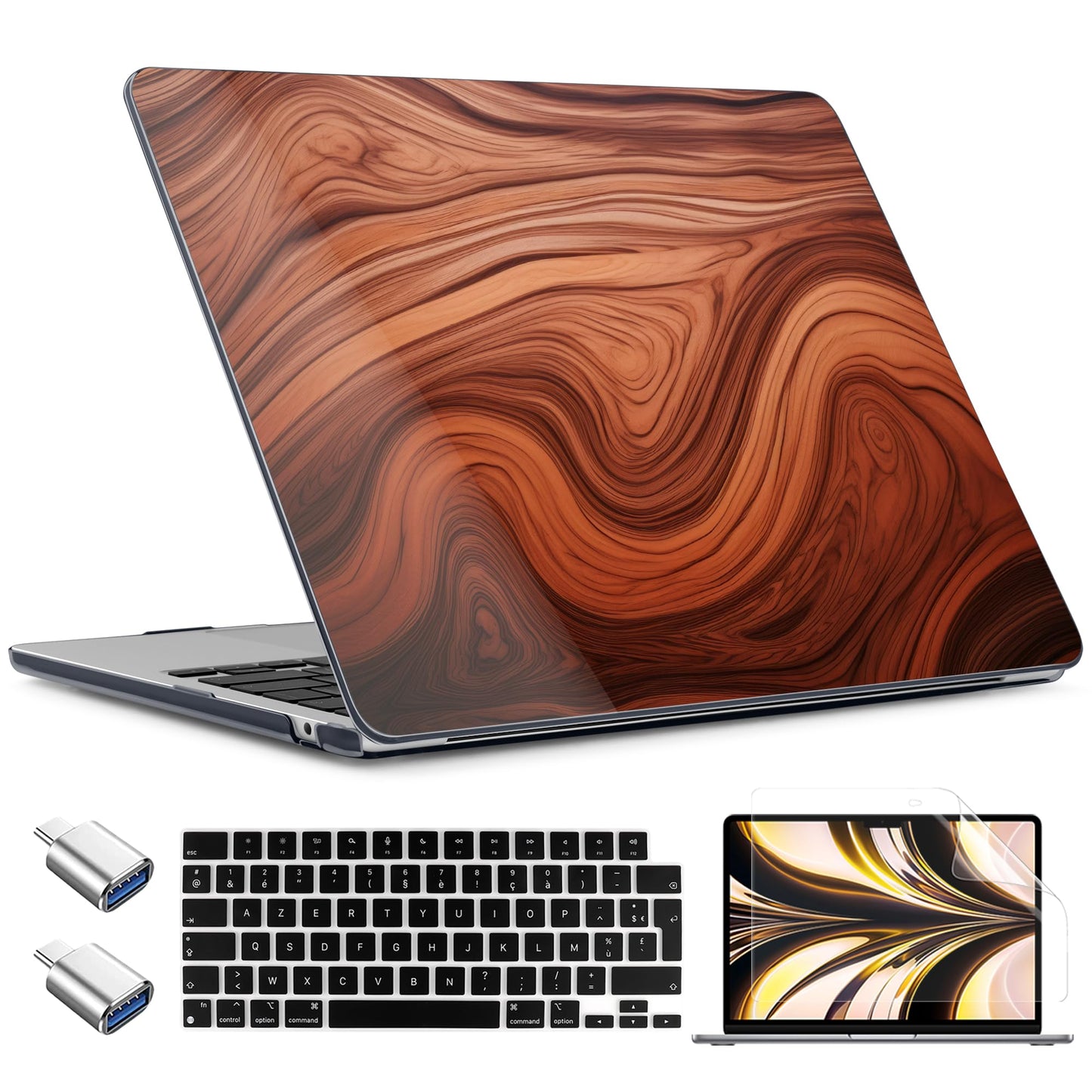 TWOLSKOO for MacBook Air 15 inch Case 2026 2025 2024 2023 Release M5 A3448 M4 A3241 M3 A3114 M2 A2941, Plastic Hard Shell & Screen Protector & Keyboard Cover & Type C Adapter, Wood Grain