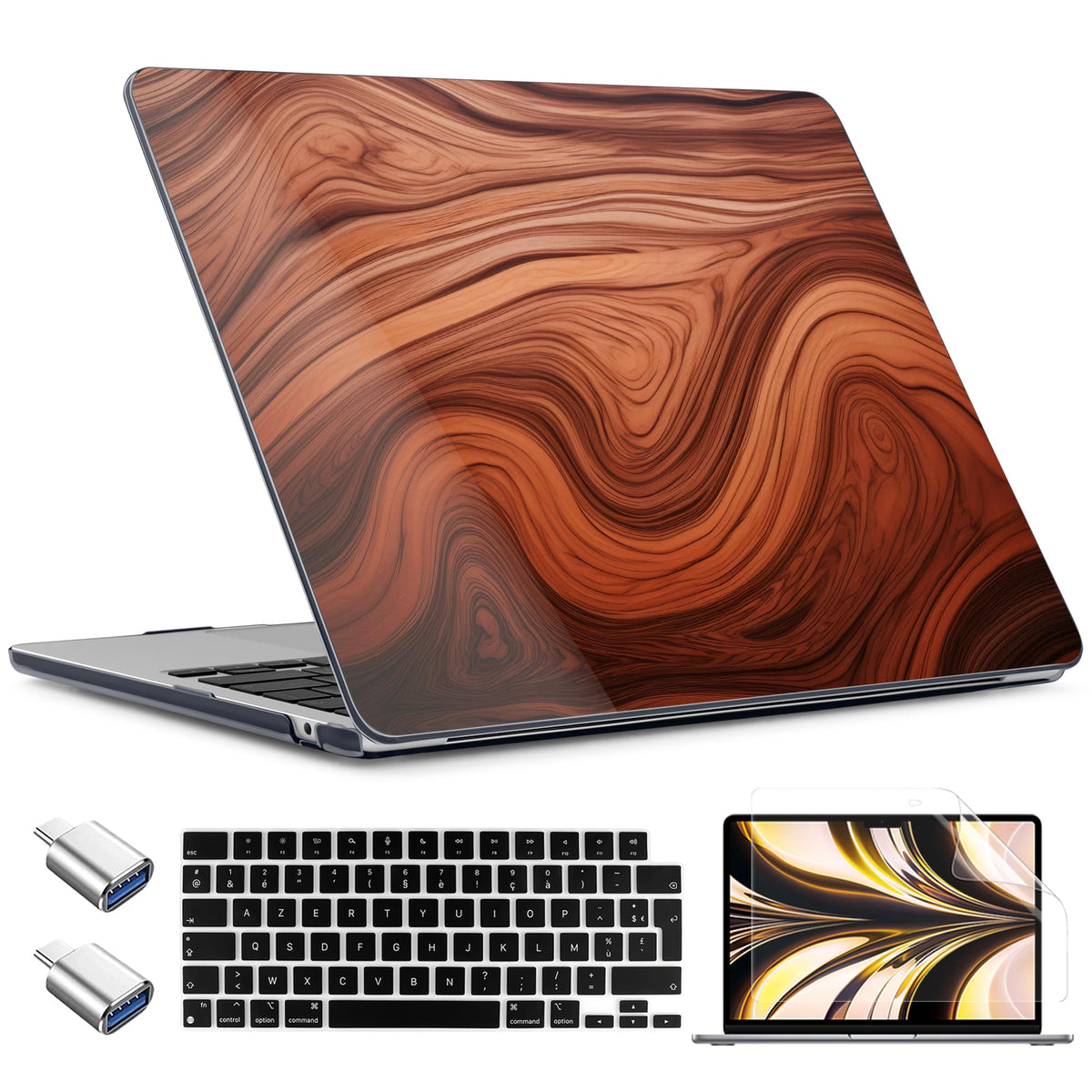TWOLSKOO for MacBook Air 15 inch Case 2026 2025 2024 2023 Release M5 A3448 M4 A3241 M3 A3114 M2 A2941, Plastic Hard Shell & Screen Protector & Keyboard Cover & Type C Adapter, Graphite Marble