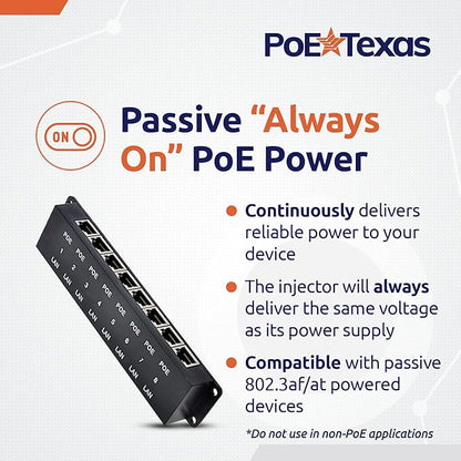 PoE Texas 8 Port Injector - 10/100 Passive Power Over Ethernet With 48V 60W UL Power Supply - 802.3af for VoIP Phones, WiFi Access Points, IP Cameras - Add to A Non-PoE Switch