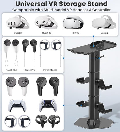 Headphone & Controller Stand with VR Headset Holder for Desk, Universal Gaming Controller & Headset Holder for PS5/Xbox/PSVR2/Meta Quest Pro/3/2, Headphone/Controller/VR Storage with Cable Organizer