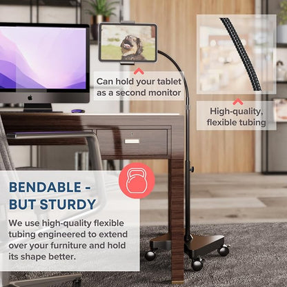 LEVO Adjustable Height Floor Stand on Wheels for Tablet & Phone - Gooseneck Holder Mount with Stable Base - Compatible with All Cell Phones & Tablets (4-13 inch) - Black with Casters