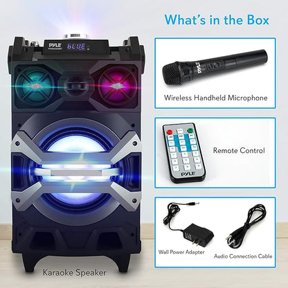 Pyle 500 Watt Portable BT Connectivity Karaoke Speaker System - PA Stereo with 8" Subwoofer, DJ Lights Rechargeable Battery Microphone, Recording Ability, MP3/USB/SD/FM Radio - PWMA325BT