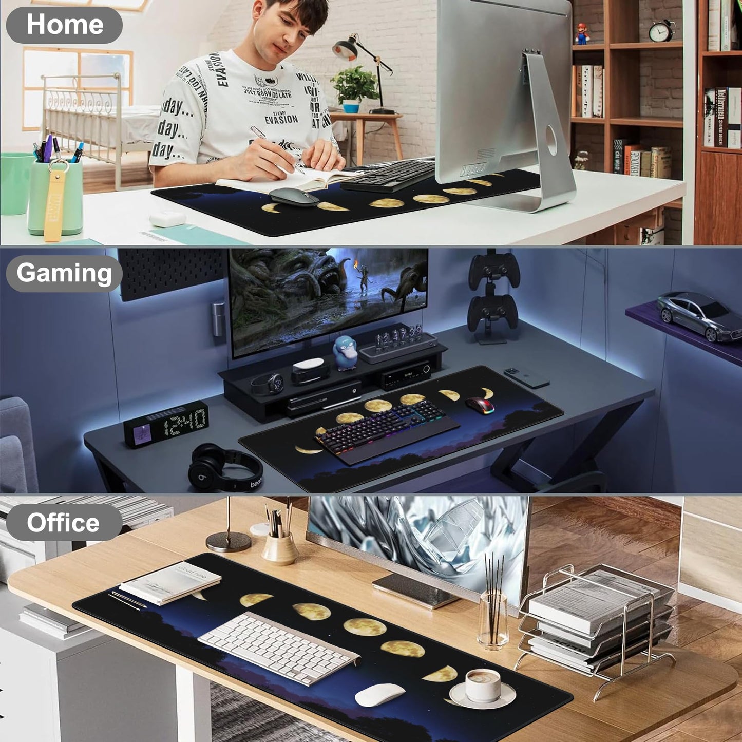 Mouse Pad, Large Moon Phase and Forest Desk Mat, Extended Non-Slip Gaming Keyboard Mousepad Desk Pad, Thick Stitched Edges Waterproof Mouse Mat 31.5"x15.7" (Moon Phase Changes)