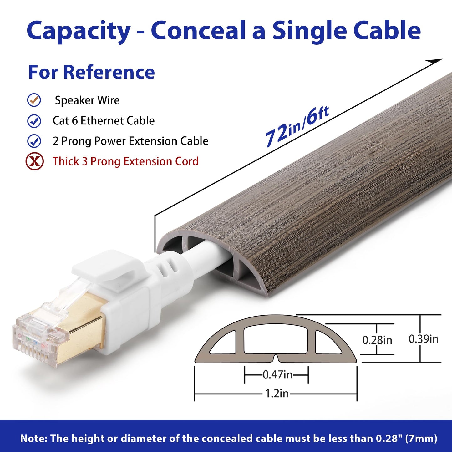 Floor Cord Cover 6ft, Cord Hider Floor Gray Wood, Cable Management Prevent Trips, Cable Cover Wire Covers for Electric Power Cords, Wire Protector Cavity W0.47in x H0.28in Grey