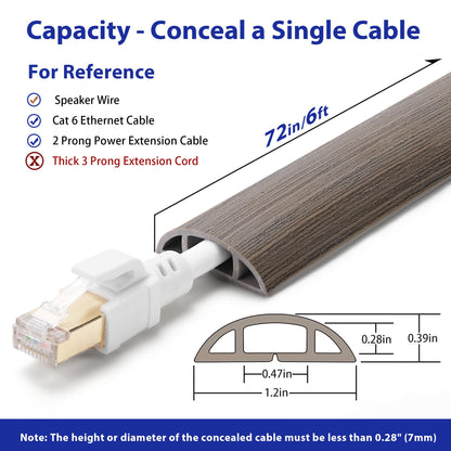 Floor Cord Cover 6ft, Cord Hider Floor Gray Wood, Cable Management Prevent Trips, Cable Cover Wire Covers for Electric Power Cords, Wire Protector Cavity W0.47in x H0.28in Grey