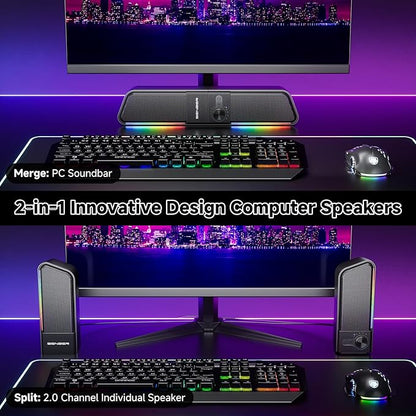 SENZER CS20 2 in 1 Bluetooth Computer Speakers for Desktop, USB Plug & Play Clear Sound PC Speakers with RGB Light, Monitor Sound Bar with Volume Knob, Gaming Speaker for PC Laptop Phone Tablet
