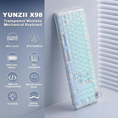 YUNZII X98 QMK/VIA Wireless Mechanical Gaming Keyboard with Knob,Tri-Mode BT5.0/USB-C/2.4GHz Hot Swappable Keyboard,Pre-lubed Switches Gasket Mount RGB Backlit for Wins/Mac (White, Snow Switch)