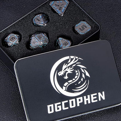 Metal DND Sci-fi Dice Set 7PCS Stripe Polyhedral Dice for Dungeons Dragons RPG Role Playing Game, Glitter D and D Dice with Gift Box D6 D8 D10 D12 D20 (Black&Green Purple)