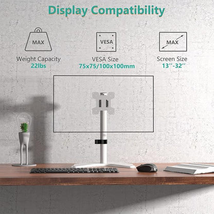 WALI Single Monitor Stand, Free Standing Desk Stand with Mounting Holes 75 to 100, Fully Adjustable Mount Fits One Screen up to 32 inch (MF001-W), White