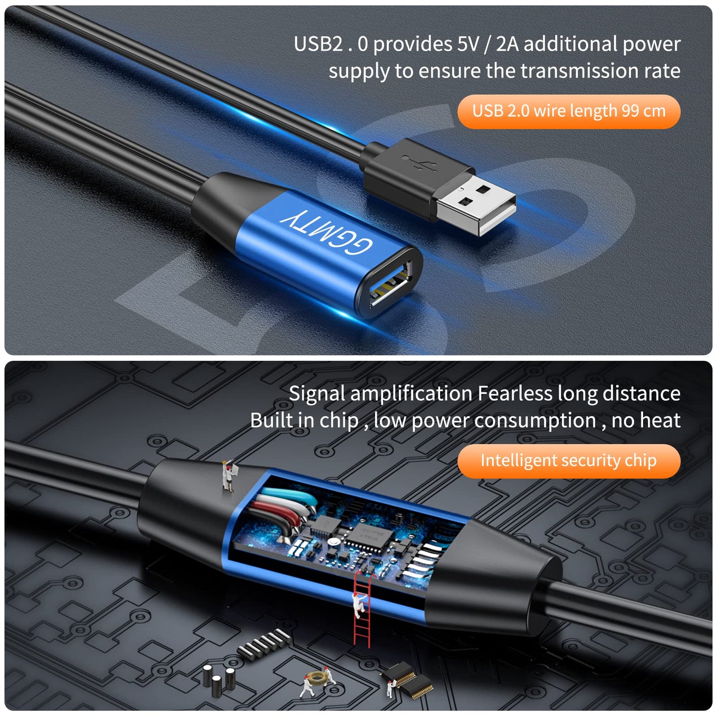 GGMTY USB 2.0 Type A Male to A Female Active Repeater Extension Cable 50ft, High Speed 480 Mbps