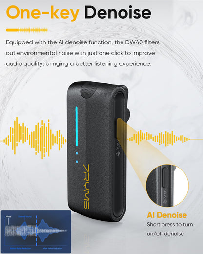 7RYMS iRay DW40 4-Channel Wireless Lavalier Microphone with Noise Cancellation, 656ft Range, 12.5H Working, Wireless Laple Mic for iPhone, DSLR Camera, Android, Video Recording Podcast Live-Stream