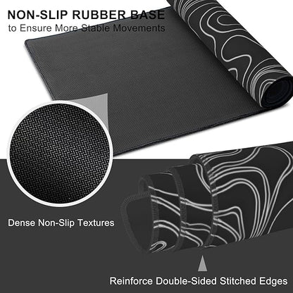 Mouse Pad, Large Mountain Topographic Terrain Map Desk Mat, Extended Non-Slip Gaming Keyboard Mousepad Desk Pad, Thick Stitched Edges Waterproof Mouse Mat 31.5"x15.7" (White Topographic Line Art)