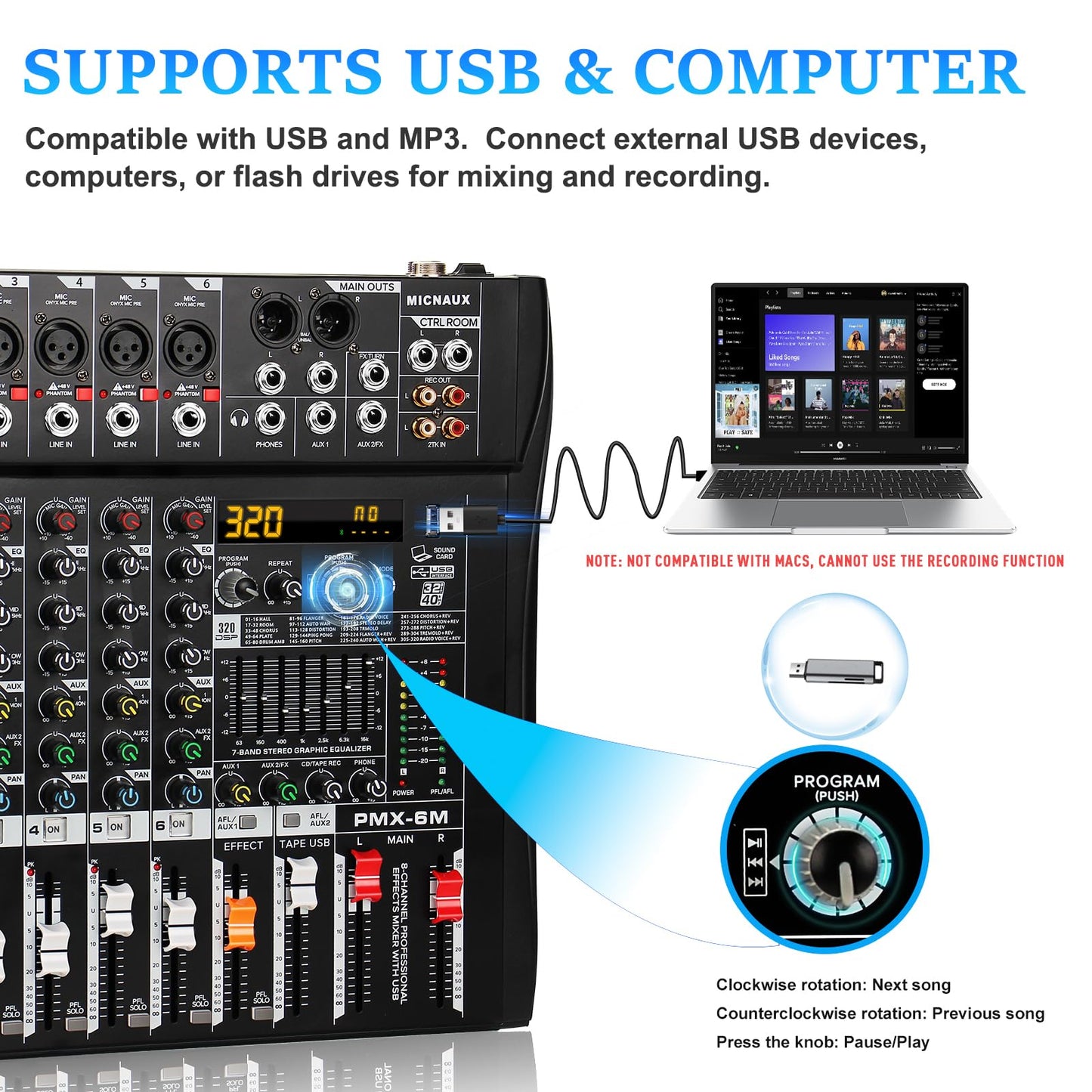 MICNAUX Audio Mixer 6 Channel Professional Mixer Console with 320 DSP Effects, 7-band EQ Sound Mixing Board Digital DJ Mixer w/USB Bluetooth MP3 for Recording, Independent 48V Power & Mute Button