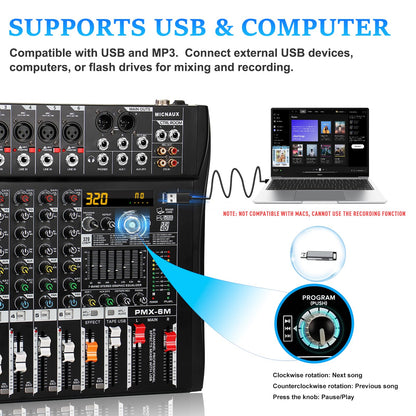 MICNAUX Audio Mixer 6 Channel Professional Mixer Console with 320 DSP Effects, 7-band EQ Sound Mixing Board Digital DJ Mixer w/USB Bluetooth MP3 for Recording, Independent 48V Power & Mute Button