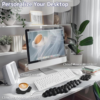 Cloud Wrist Rest for Keyboard and Mouse, Memory Foam PU Leather Keyboard Wrist Rest with Ergonomic Support, Non-Slip Base, Cute Arm Rest Pad & Palm Cushion, Office Desk Accessory, Black