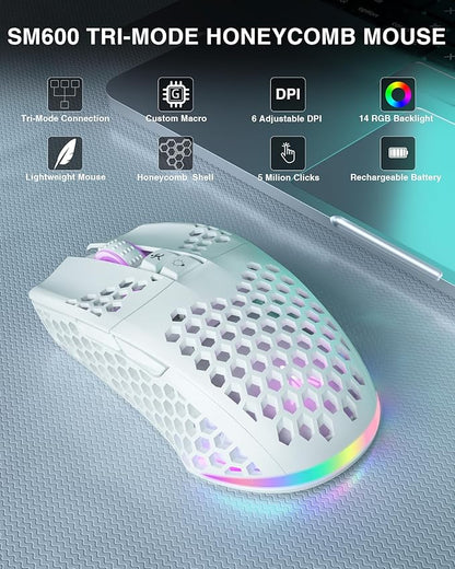 SM600 White Wireless Gaming Mouse,8000 DPI Tri-Modes BT5.1/Type-C Wired/2.4G Wireless Mouse with 2 Side Buttons, Programmable Macro Gamer Mouse with RGB Light for Laptop/PC/Mac