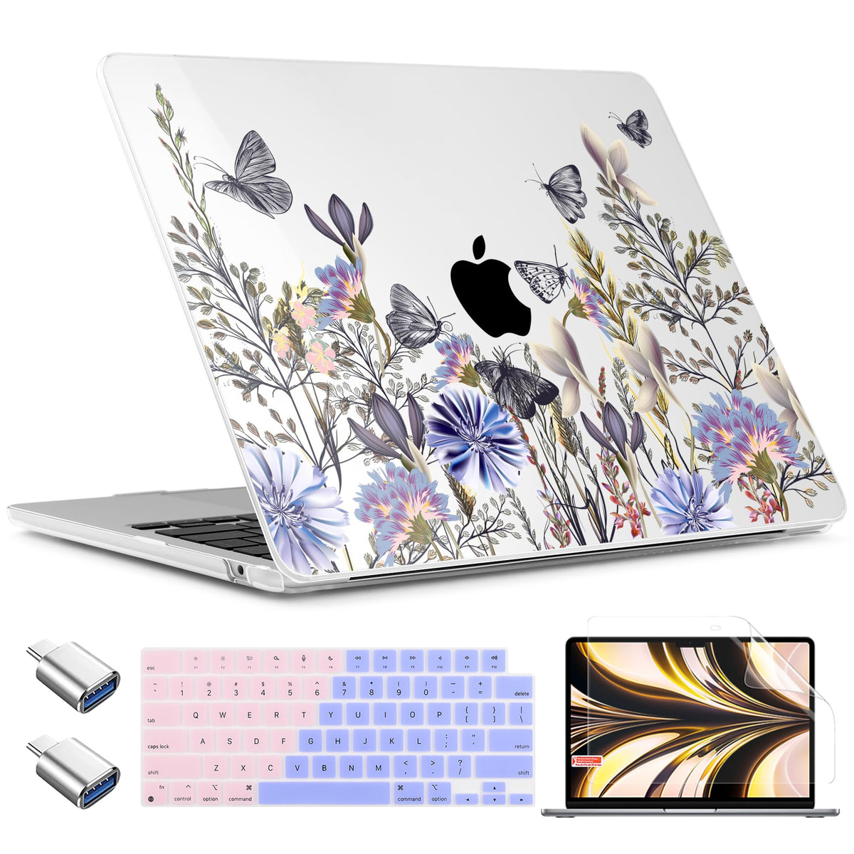 TWOLSKOO for MacBook Air 15 inch Case 2026 2025 2024 2023 Release M5 A3448 M4 A3241 M3 A3114 M2 A2941, Plastic Hard Shell & Screen Protector & Keyboard Cover & Type C Adapter, Graphite Marble