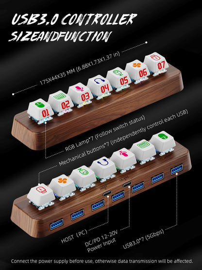 FEIFANZHE Walnut Wood 7-Port Powered USB 3.0 Hub, 5Gbps Data Transfer, Independent Hot-Swappable 3-Pin Mechanical Keyboard Switch Expander, RGB Backlit Docking Station-FU07