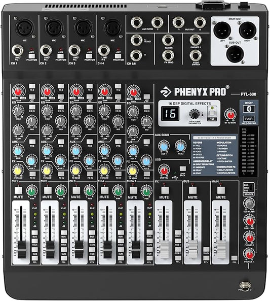 Professional 6-Channel Audio Mixer, Phenyx Pro DJ Sound Mixer Board w/Flexible AUX, BUS, SUB Routing, 16 DSP, BT Streaming & USB-B PC Recording, Mixing Console for Stage, Home Studio (PTL-600)