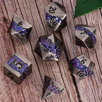 Metal Dice Set D&D, 7 PCS RPG Metallic Glitter Stripe Dice Set with Gift Box for Dungeons and Dragons Role Playing Games
